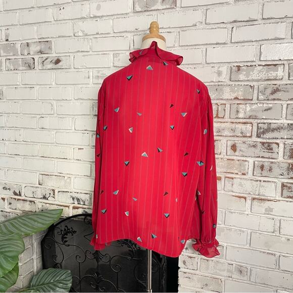 Vintage Red Teal Geometric Print Ruffle Sheer Long Sleeve Gathered Shoulder Top - Picture 9 of 11